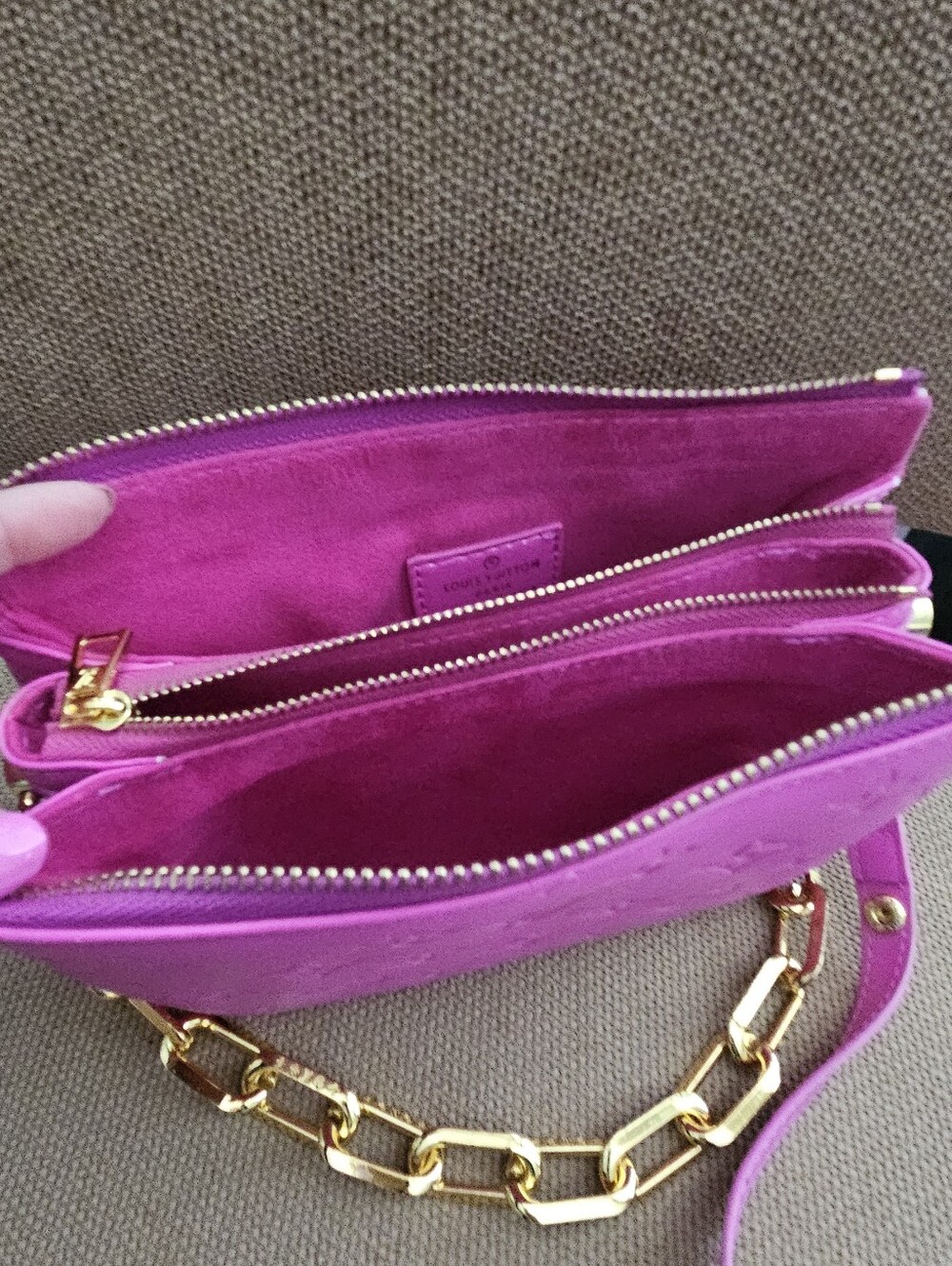 Designer Inspired Fuchsia Monogram Crossbody Bag with Gold Chain - Picture 4 of 8